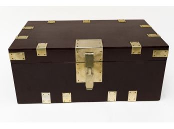 Brown Lacquered Storage Box With Brass Tone Metal Latch And Embellishments