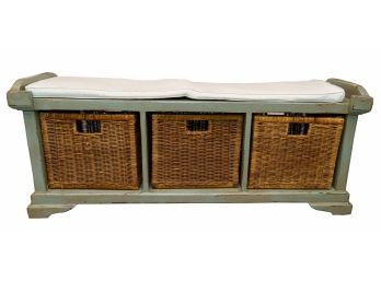 Distressed Painted Country House Hall Bench With Wicker Storage Baskets