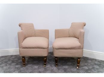 Pair Of Custom Upholstered Corner Chairs With Turned Wooden Legs On Casters