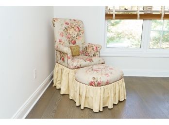 Floral Upholstered Armchair And Ottoman With Striped Skirt