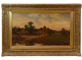 Antique Landscape Oil On Canvas Painting Framed Intricate Gilt Frame