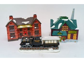 Set Of 3 Christmas Village Buildings And Train