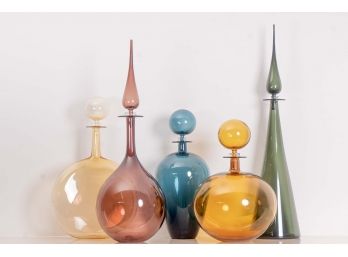 Collection Of Five Joe Cariati Glass Decanters, Retail Value $3,800
