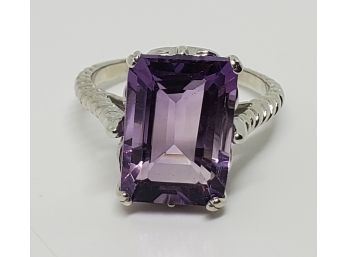 Emerald Cut Amethyst, Rhodium Over Sterling Ring