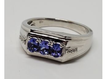 Gorgeous Tanzanite, Zircon Men's Ring In Platinum Over Sterling