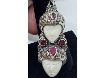 Bali Goddess Carved Ox Bone Multi Gemstone Pendant Necklace In Sterling