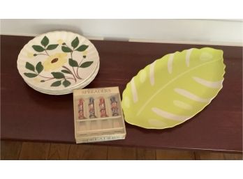 Welcome Spring 4 Vintage Plates And Leaf Serving Tray With Bonus 4th Of July Spreaders