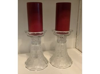 Pair Of Beautiful Vintage Etched Large Candleholders. Candles Included