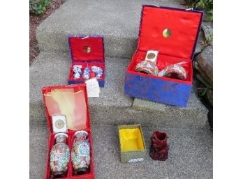 Lot Of Asian Import Ceramics In Their Original Fabric Lined Boxes, Incl Cinnabar Style Pen/pencil Holder