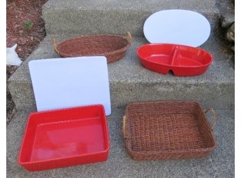 2 Piece Ruby Red Temptations Casserole Set In Wicker Carry Baskets & Snap On Lids - Unused?