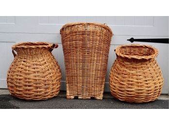 Set Of 3 Vintage Harvest Baskets From France With Leather Straps