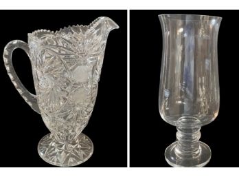 American Brilliant Cut Glass Pitcher And Crystal Hurricane Vase