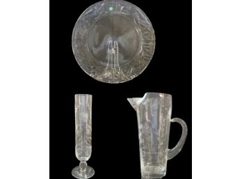 Glass Pitcher, Plate And Vase