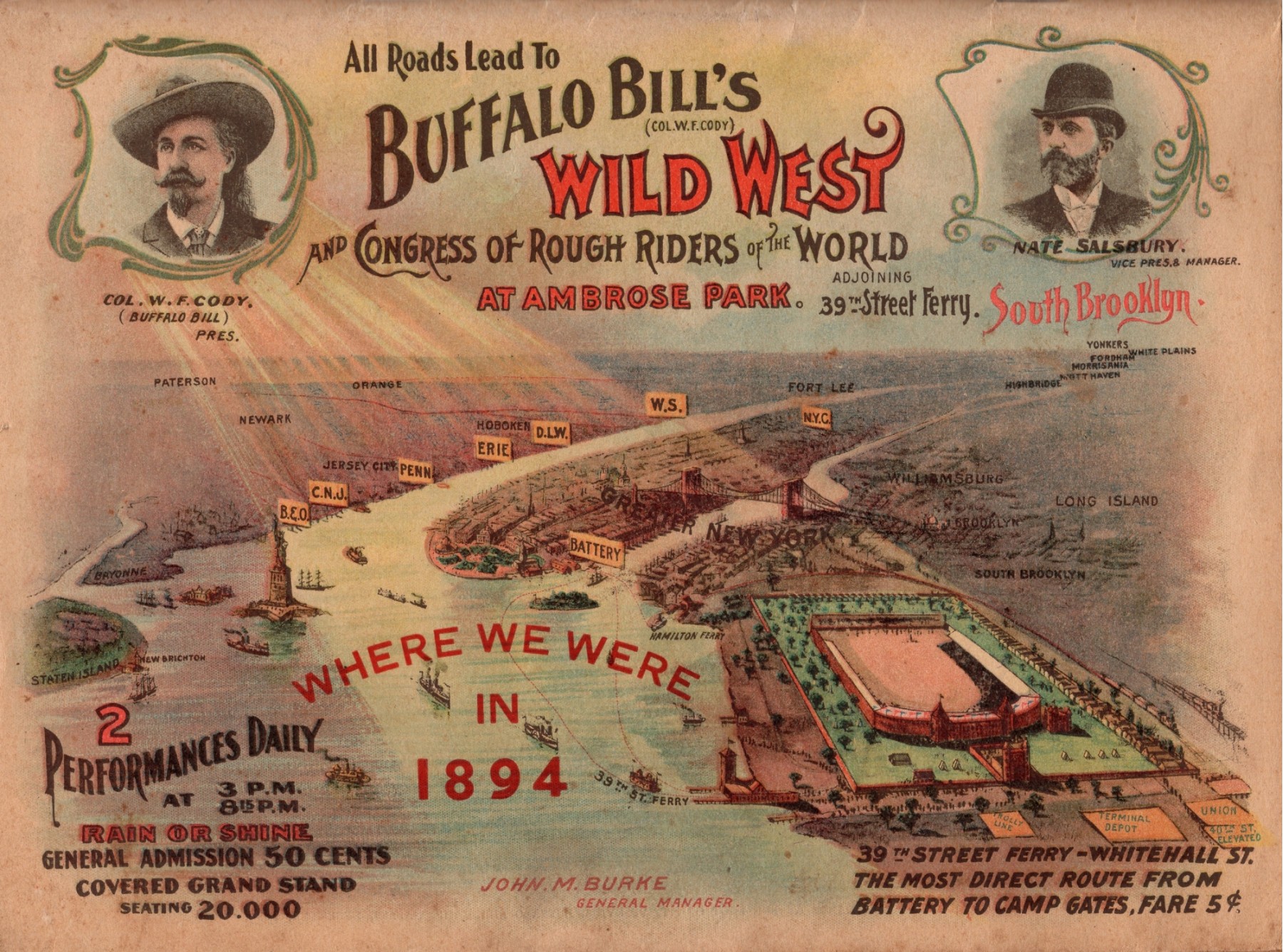 Poster Buffalo Bill – Ambrose Park, Brooklyn – Reproduction Historique Multicolore
