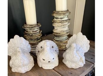 3 Turkey/Thanksgiving Ceramic Decor (spool Candlesticks Lot 46)