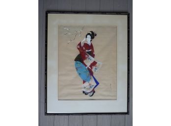 Japanese Gouache Geisha Painting On Silk