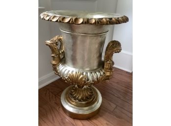 Vintage Decorative Silver And Gold Urn With Handles And  Unique Faces On The Side