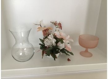 Silk Pink And White Flower Arrangement Clear Glass Vase And Pink Glass Candy Dish