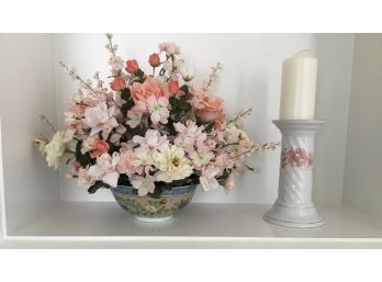 Ceramic Candlestick Holder And Floral Arrangement In Pretty Peach And White Colors