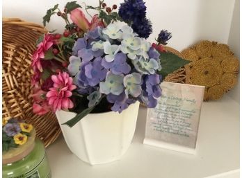 Lot Including Floral Arrangement, Basket, Candle,  Poem And Two Hot Plates