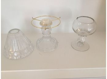 Vintage Glass Candle Lamp And Decorative Footed Small Bowl