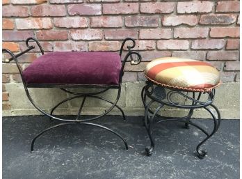 Pair Of Wrought Iron Vanity Benches With Custom Seat Coverings