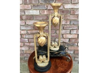 Pair Of Exquisite Candleholders And Iron Tray