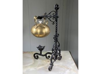 Wonderful VERY Ornate Antique Wrought Iron Kettle Warming Stand With Antique Brass Teapot Mid 1800s