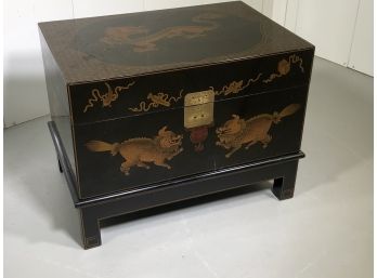 Lovely Black Lacquer Style Box On Stand - Brass Trim - Looks To Be Hand Painted - Great Storage Piece !