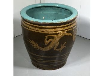 Antique Glazed Pottery Vessel With Dragon & Bird - Nice Large One - These Are Getting Harder To Find