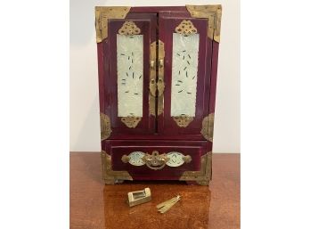 Vintage Chinese Jewelry Box With Brass Hardware And Carved Serpentine Medallions