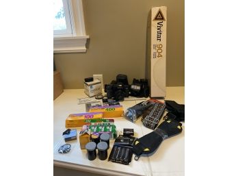 Huge Lot Of Camera Equipmen, Minolta MAXXUM 7000i With Portrait Card, 35mm Film, Tripod, And More!