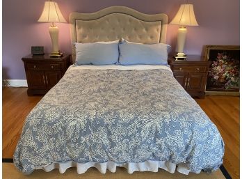 Velvety Soft Microfiber Button Tufted Queen Size Headboard With Nailhead Detailing, Frame And Linens