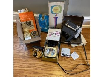 Vintage 1960's Era Nikkorex Zoom 8 - 8mm Movie Camera, Sylvania Sun Gun II Movie Light And Accessories