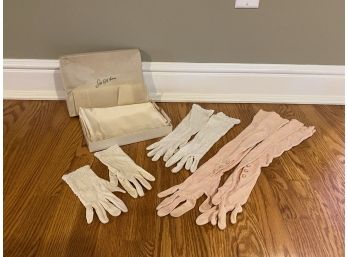 Vintage Bundle Of 1950's Era Pearl Embellished Ladies' Gloves And Saks Fifth Avenue Silky Fringed Scarf