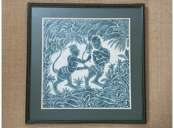 Vintage Angkor Wat Thai/Cambodian Stone Rubbing Art On Rice Paper Framed