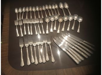 Eight Piece Silverplate Place Settings, Serving Spoons And Storage Box