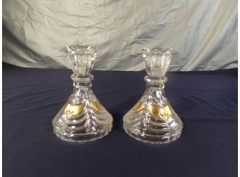 Pair Of Glass And Gold Candle Stick Holders
