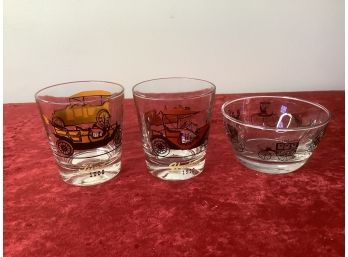 Vintage Car Rocks Glasses  And Bowl Lot