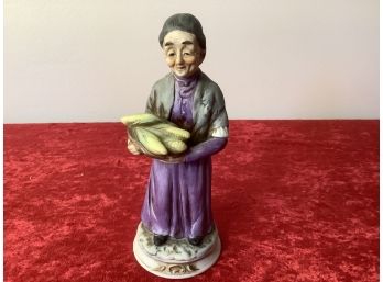 Made In Japan Elder Women Figure With Basket Of Corn In Hand