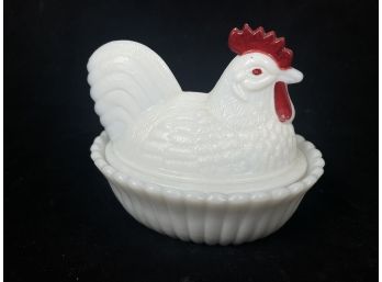 Beautiful Milk Glass Hen On Nest Bowl