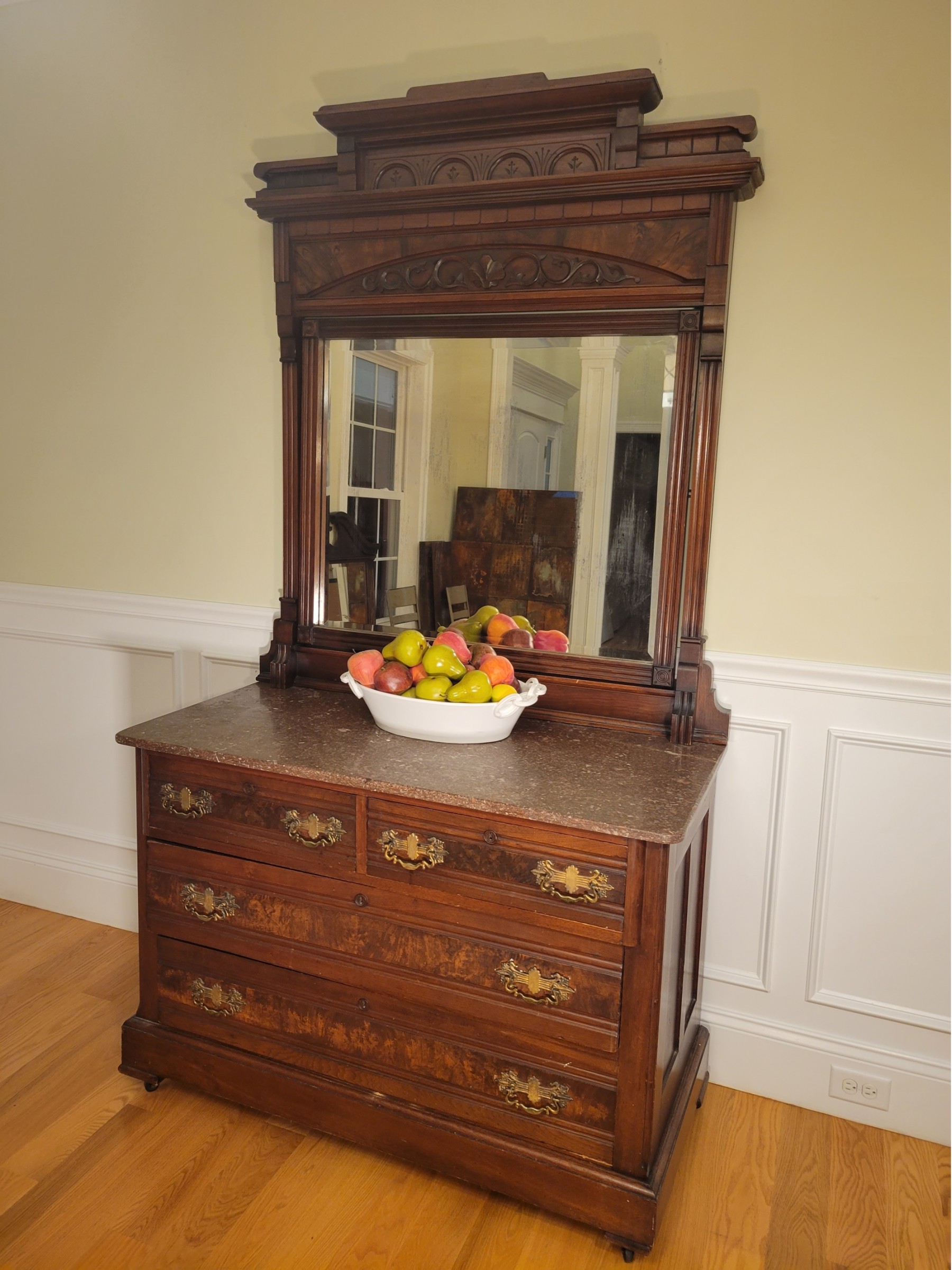 Antique Eastlake Dresser With Carved Walnut Swivel Mirror And Brown Marble  & Burl High Top Circa 1890 #1208386 | Auctionninja.com