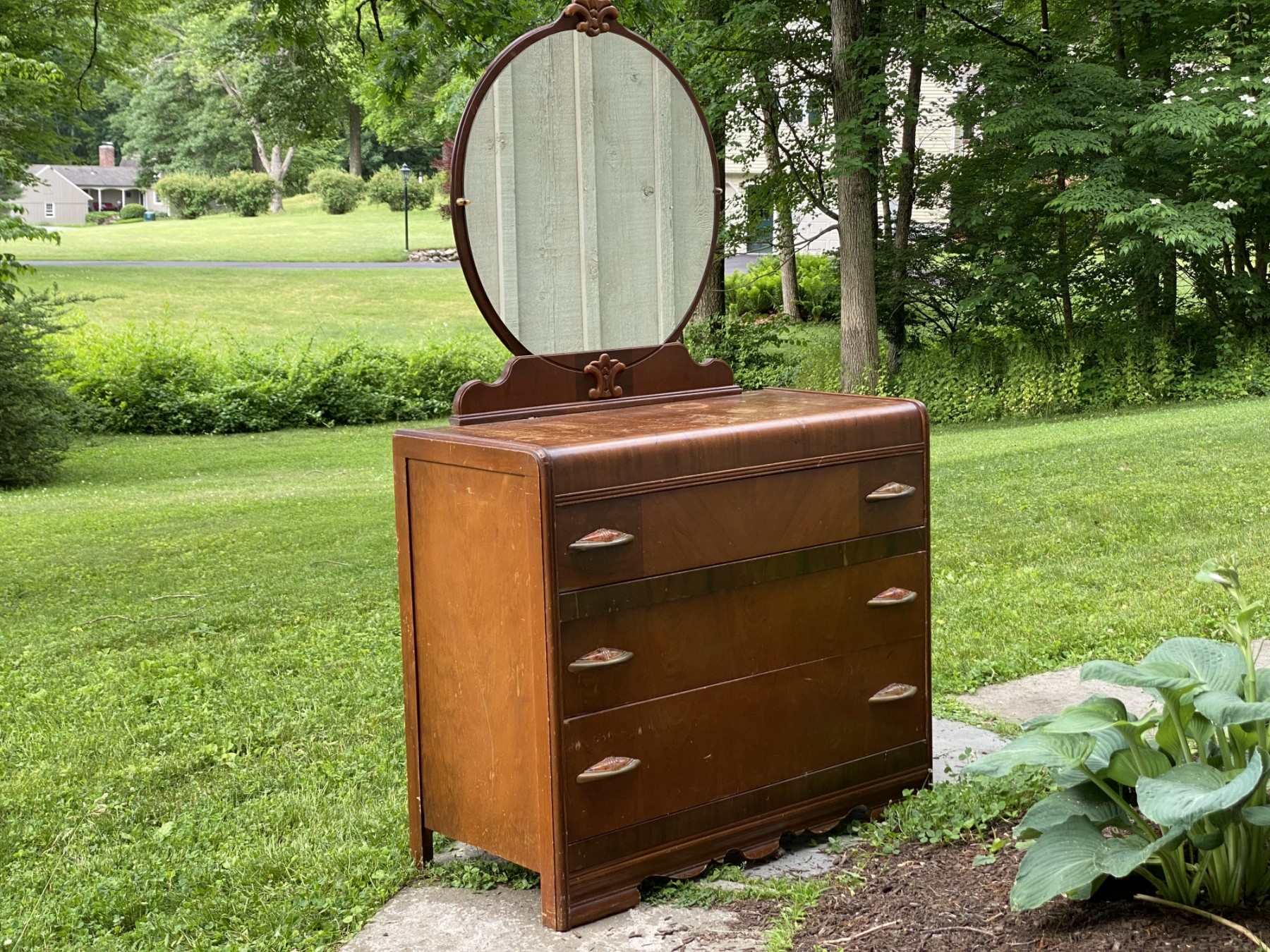 A Gorgeous Art Deco Waterfall Dresser & Round Mirror #1227689 |  Auctionninja.com