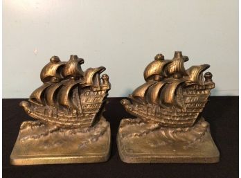 Pair Of Ship Bookends Brass Or Brass Finish