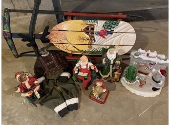 Beautiful Handpainted Sled,  Santas, Reindeer