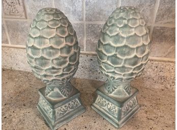 Pair Green Decorative Pinecones