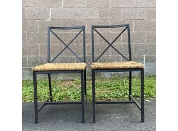 Metal Crossback Rush Seat Chairs - Pair