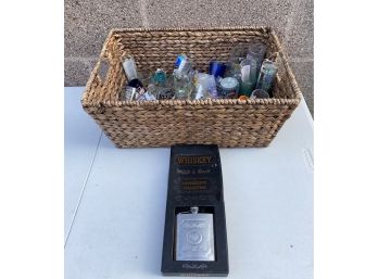 Collection Of Shot Glasses With Bonus Flask And Basket