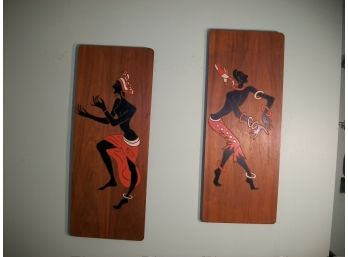 1950's Pair African Mid-Century Dancing Artwork On Wood & Diamond Art
