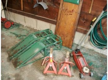 'Auto & Lawn Care' Lot ,Ramps, Creeper, Jacks Stands, Jacks, Hoses, Spreader, More